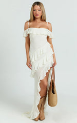 Brigitte Maxi Dress - Halter Off Shoulder Georgette Ruffle Tiered Dress in Cream