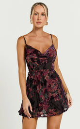 Mariana Mini Dress - Cowl Neck Drawstring Waist Slip Dress in Burn Out Floral
