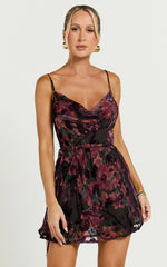 Mariana Mini Dress - Cowl Neck Drawstring Waist Slip Dress in Burn Out Floral