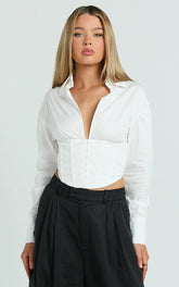Jacintha Top - Hook and Eye Front Shirt Top in White