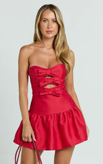 Otis Mini Dress - Strapless Fit And Flare Bubble Hem Dress in Red