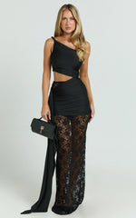 Ferguson Maxi Dress - One Shoulder Draped Jersey and Lace Dress in Black