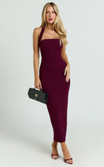 Salome Midi Dress - Halter Neck Column Dress in Wine