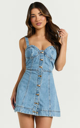 Alena Mini Dress - Sweetheart Button Down Sleeveless Bodycon Denim Dress in Mid Blue Wash