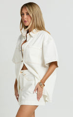 Rhianna Top - Oversized Recycled Denim Short Sleeve Shirt in Ecru with Contrast Tobacco Stitch
