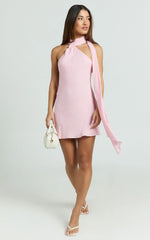Maddox Mini Dress - Scarf Neck Low Tie Back Slip Dress in Pink