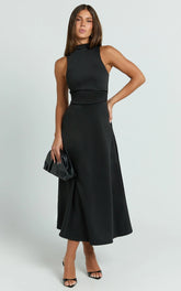 Macy Midi Dress - High Neck A Line Dress in Black
