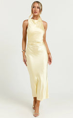 Aluna Midi Dress - High Neck Cross Back Satin Slip Dress in Lemon