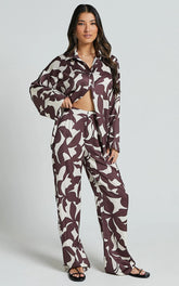 Janissa Pants - High Waisted Wide Leg Pants in Brown Floral