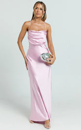 Hanna Maxi Dress - Satin Cowl Neck Low Back Dress in Pink