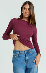 Alyse Top - Ribbed Long Sleeve Ruched Top in Wine