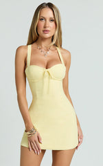 Mikayla Mini Linen Blend Dress - Sweetheart Ruched Bust Fitted Dress in Lemon
