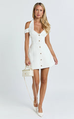 Baylee Mini Dress - Off Shoulder Button Front Tulip Skirt Dress in White
