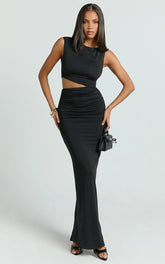 Dixie Maxi Dress - One Sleeve Cut Out Bodycon Dress in Black