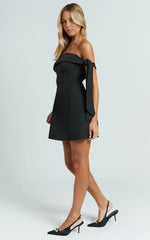 Cecilia Mini Dress - Off Shoulder Tie Detail Dress in Black