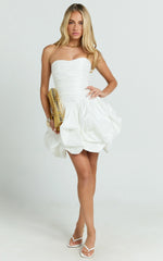 Deb Mini Dress - Ruched Strapless Bubble Hem Dress in Off White