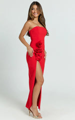 Ebby Maxi Dress - Strapless Rosette Thigh Split Dress in Red