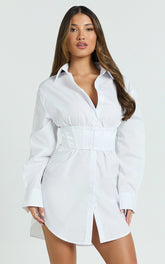 Athena Mini Dress - Collared Button Front Corset Waist Workwear Shirt Dress in White
