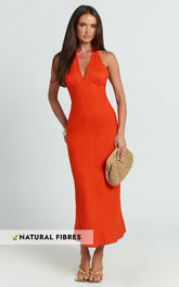 Adele Midi Dress - Halter Plunge Bias Cut Dress in Orange