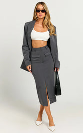 Brylee Midi Skirt - High Waisted Front Split Skirt in Charcoal