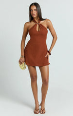 Roza Mini Dress - Halter Neck Brooch Detail A Line Dress in Brown