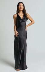 Adilah Maxi Dress - Cowl Neck Satin Dress in Black