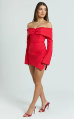 Cyrus Mini Dress - Off Shoulder Long Sleeve Fit And Flare Dress in Cherry
