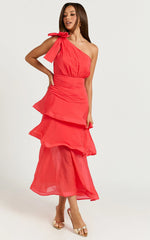 Eugenia Midi Dress - One Shoulder Fit and Flare Layered Dress in Red