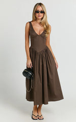 Beckett Midi Dress - Scoop Neck Drop V Waist Gathered Skirt Dress in Dark Chocolate