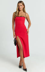 Richelle Midi Dress - Strappy Contrast Lace Straight Neck Fitted Side Leg Split Dress in Red