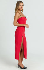 Richelle Midi Dress - Strappy Contrast Lace Straight Neck Fitted Side Leg Split Dress in Red