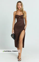 Frederica Midi Linen Blend Dress - Gathered Sweetheart Tie Back Front Split Dress in Chocolate