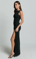 Celia Maxi Dress - Twist Shoulder Bodycon Thigh Split Dress in Black