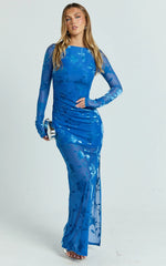 Inez Maxi Dress - Boat Neck Long Sleeve Ruched Dress in Blue