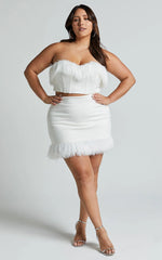 Rhaiza Mini Skirt - Faux Feather Trim High Waisted Skirt in White