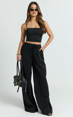 Nicole Pants - High Waist Elasticated Gathered Waist Wide Leg Pants in Black