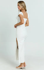 Farrow Midi Dress - Cap Sleeve Ruched Bust Fitted Dress in Off White