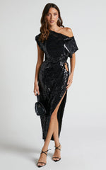 Olivera Midi Skirt - Thigh Split Waist Cut Out Sequin Skirt in Black