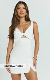 Finnley Mini Dress - Linen Twist Front Cut Out Dress in White