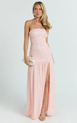 Georgina Maxi Dress - Sequin Strapless Front Split Dress in Pink
