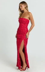 Berri Maxi Dress - Strapless Jacquard High Split Dress in Red