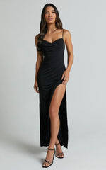 Carrie Maxi Dress - Cowl Back Lace Insert Dress in Black