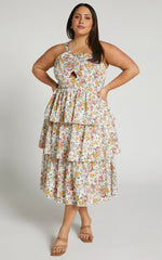 Caro Midi Dress - One Shoulder Tiered Dress in Multi Floral