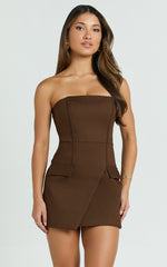 Octavia Mini Dress - Strapless A Line Wrap Skirt Dress in Chocolate