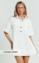 Lynda Mini Dress - Short Sleeve Collared Patch Pocket Shift Dress in Off White