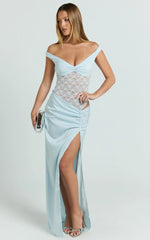 Elara Maxi Dress - Lace Ruched Side Split Dress in Soft Blue