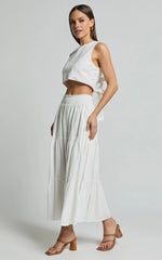 Ruby Midi Skirt - Shirred High Waist Cotton Tiered Skirt in Off White