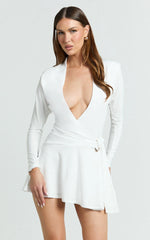 Cannes Mini Dress - Jersey Wrap Hardware Detail Flounce Skirt Dress in Off White