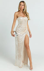 Delilah Maxi Dress - Sequin Strapless High Leg Split Fitted Dress in Gold