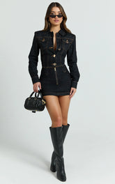 Fabia Mini Dress - Denim Hardware Button Front Fitted Shirt Dress in Dark Wash